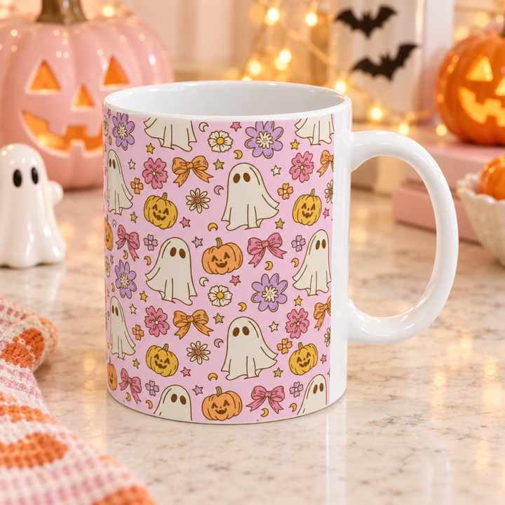Pink Ghost Bow Ceramic Mug, Floral Pumpkin Halloween Coffee Cup, Cute Pastel Spooky Gift, 11oz and 15oz