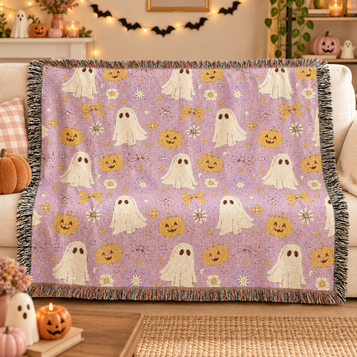 Pink Ghost Bow Woven Blanket, Floral Pumpkin Halloween Cotton Throw, Cute Pastel Spooky Home Decor