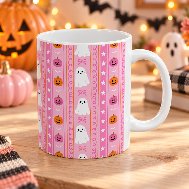 Pink Halloween Ghost Stripe Ceramic Mug, Cute Pumpkin Bow Coffee Cup, Pastel Spooky Gift, 11oz and 15oz