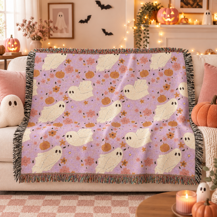 Pink Floral Ghost Woven Blanket, Cute Halloween Pumpkin Cotton Throw, Pastel Spooky Sofa Decor