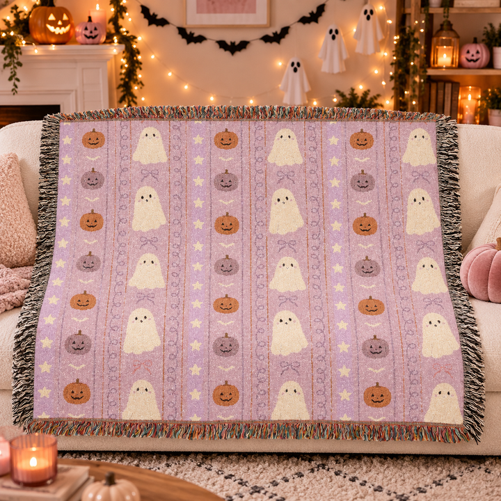 Pink Halloween Ghost Stripe Woven Blanket, Cute Pumpkin Bow Cotton Throw, Pastel Spooky Sofa Decor