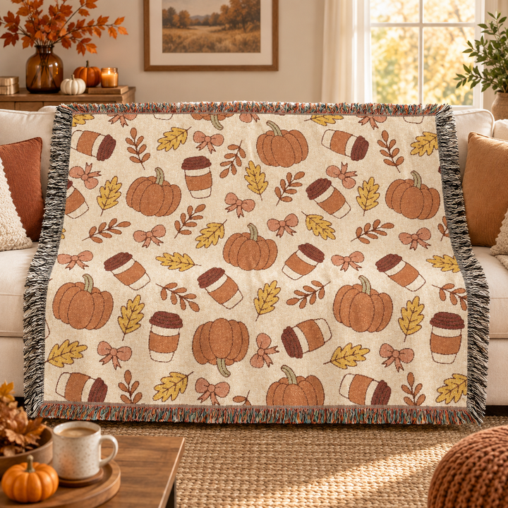 Fall Coffee Pumpkin Woven Blanket, Autumn Bow and Leaf Cotton Throw, Cozy Pumpkin Spice Sofa Decor