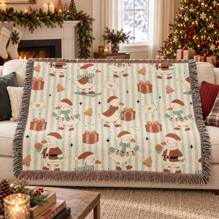 Christmas Goose Woven Blanket, Cute Holiday Geese Cotton Throw, Sage Stripe Christmas Sofa Decor