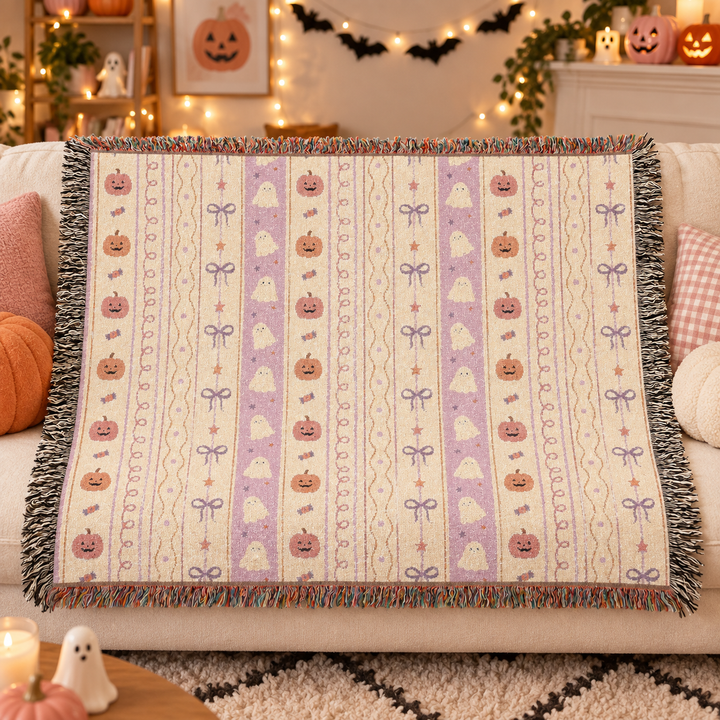 Pastel Halloween Pumpkin Ghost Woven Blanket, Pink Candy Bow Stripe Cotton Throw, Cute Spooky Home Decor