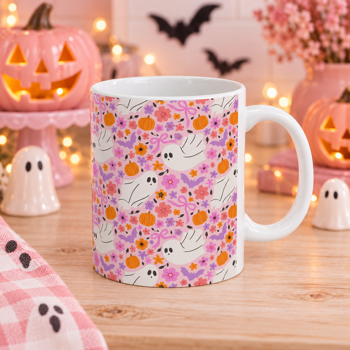 Pink Floral Ghost Ceramic Mug, Cute Halloween Pumpkin Coffee Cup, Pastel Spooky Gift, 11oz and 15oz