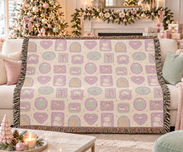 Pink Christmas Frames Woven Blanket, Pastel Snowman Reindeer Cotton Throw, Cute Holiday Sofa Decor
