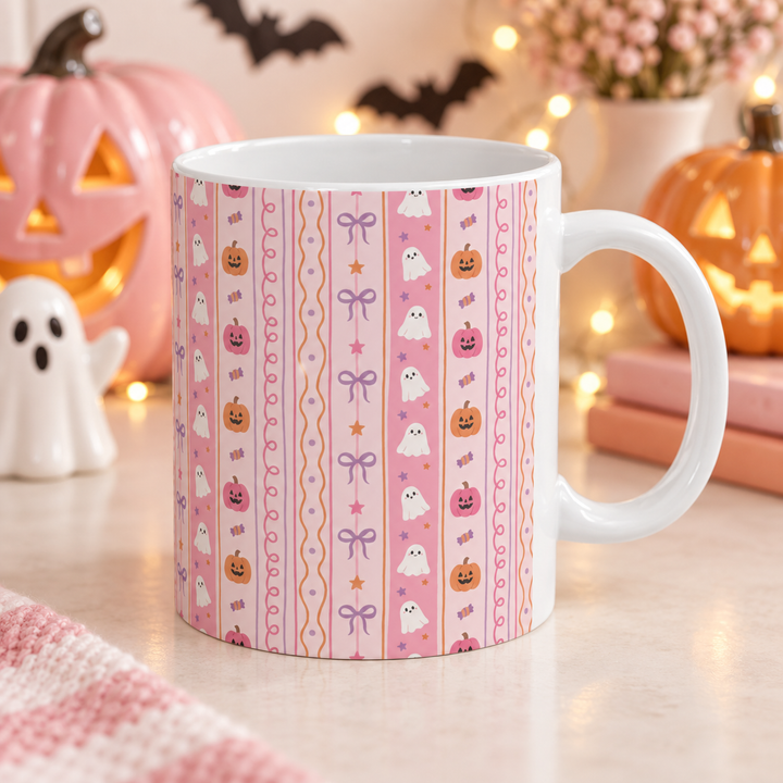 Pastel Halloween Pumpkin Ghost Ceramic Mug, Pink Candy Bow Stripe Coffee Cup, Cute Spooky Gift, 11oz and 15oz