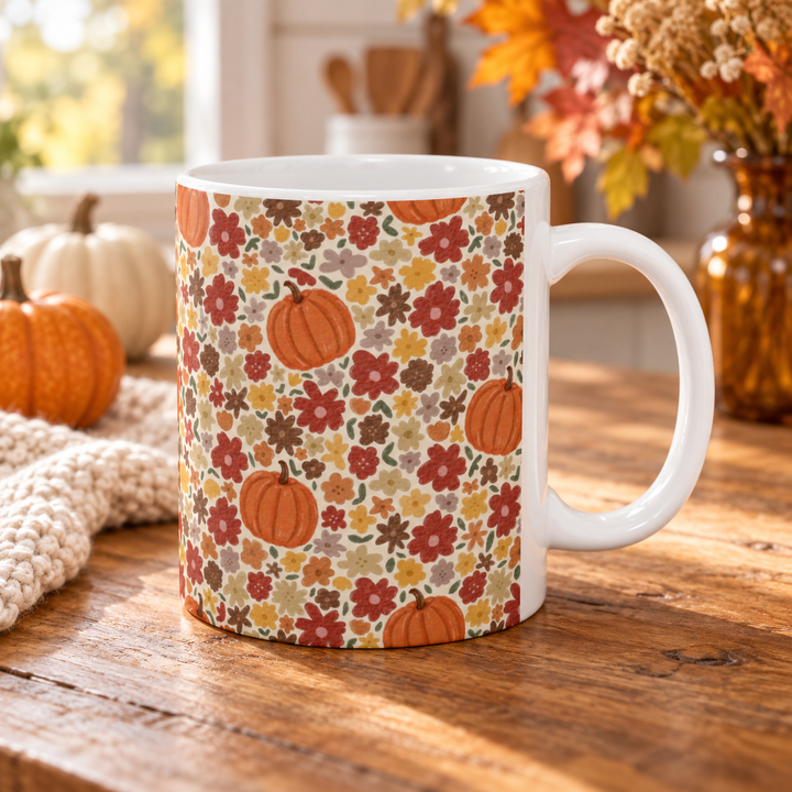 Fall Floral Pumpkin Ceramic Mug, Autumn Flower Coffee Cup, Cozy Cottage Thanksgiving Gift, 11oz and 15oz