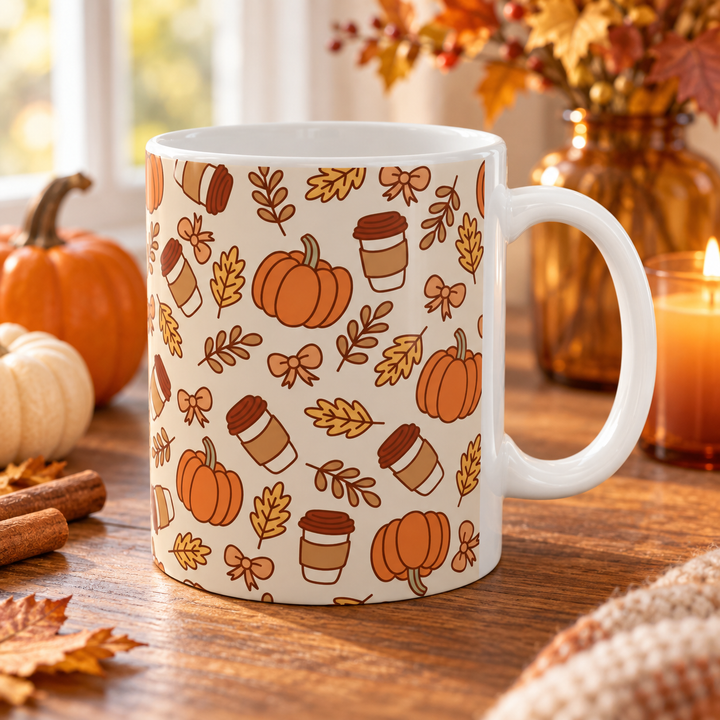 Fall Coffee Pumpkin Ceramic Mug, Autumn Bow and Leaf Coffee Cup, Pumpkin Spice Lover Gift, 11oz and 15oz