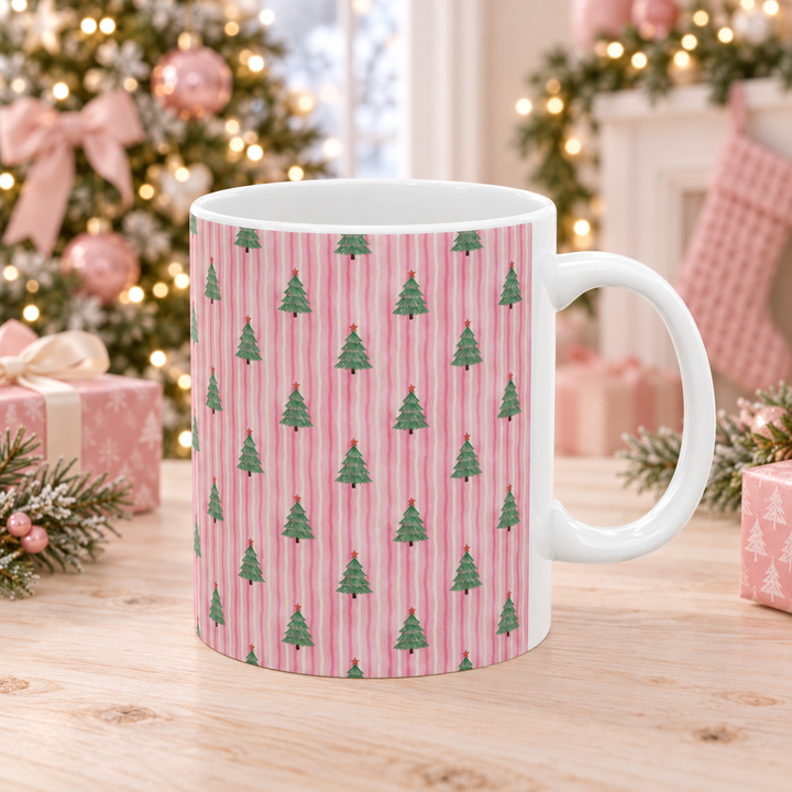 Pink Watercolor Christmas Tree Ceramic Mug, Striped Holiday Coffee Cup, Pastel Christmas Gift, 11oz and 15oz