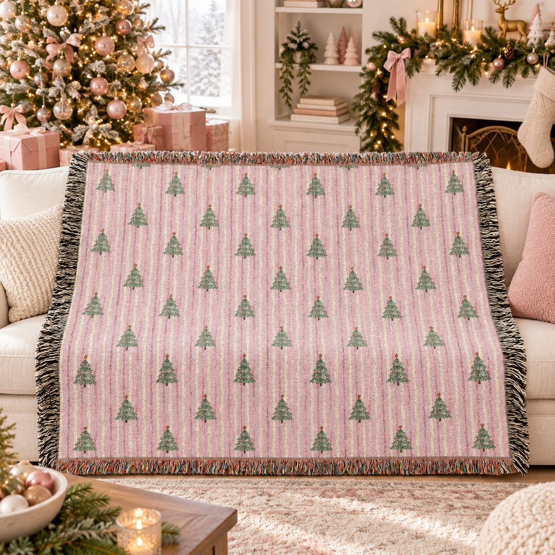 Pink Watercolor Christmas Tree Woven Blanket, Striped Cotton Throw, Pastel Holiday Sofa Decor
