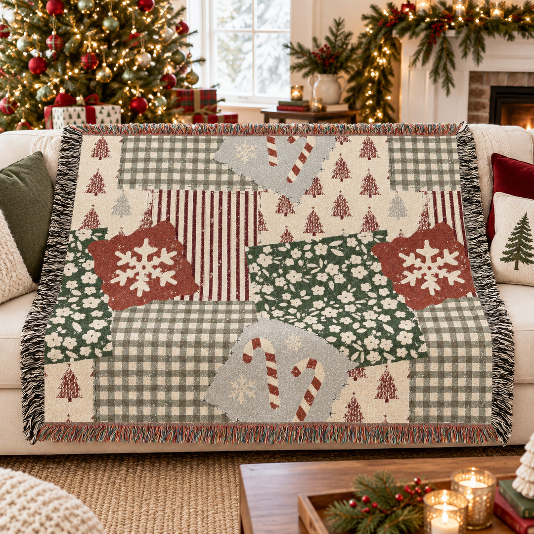 Christmas Patchwork Woven Blanket, Red Sage Floral Gingham Cotton Throw, Rustic Holiday Sofa Decor