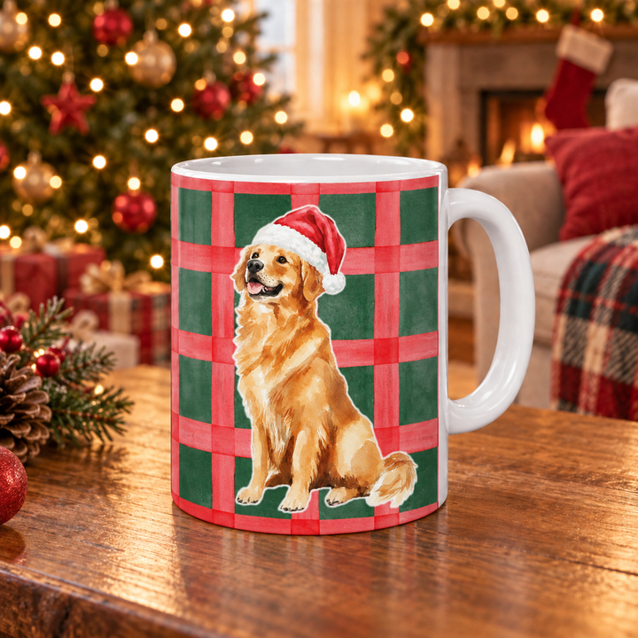Golden Retriever Christmas Mug, Red Green Plaid, 11oz White Ceramic