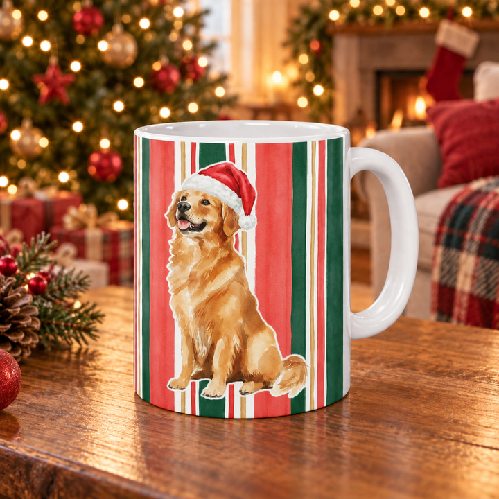 Golden Retriever Christmas Mug, Classic Christmas Stripes, 11oz White Ceramic