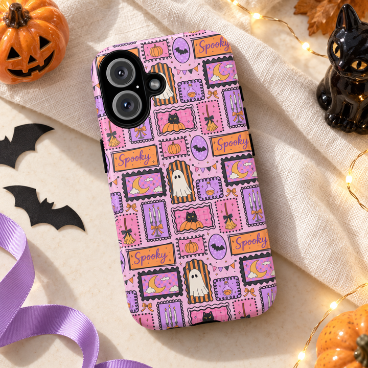 Pink Spooky Frames Tough iPhone Case, Halloween Ghost Black Cat Pumpkin Phone Cover, Matte or Glossy