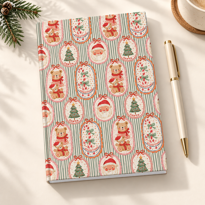 Vintage Santa and Teddy Bear Hardcover Notebook, Green Stripe Christmas Lined Journal, Cute Holiday Stationery Gift