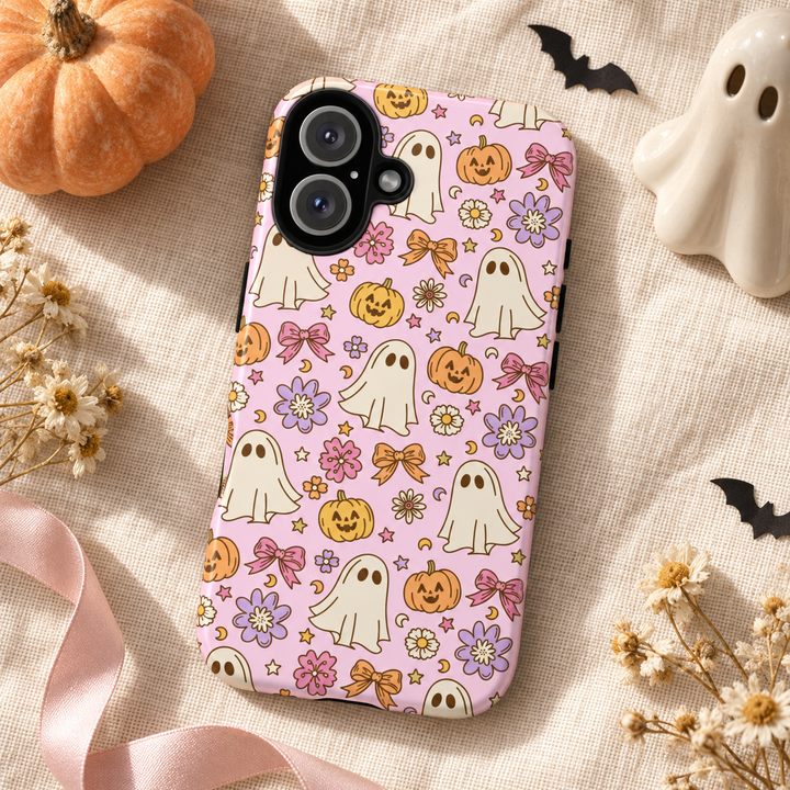 Vintage Ghost Floral Tough iPhone Case, Pink Halloween Pumpkin Bow Phone Cover, Matte or Glossy