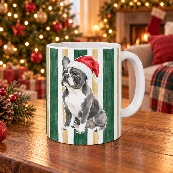 French Bulldog Christmas Mug, Green Gold Stripes, 11oz White Ceramic