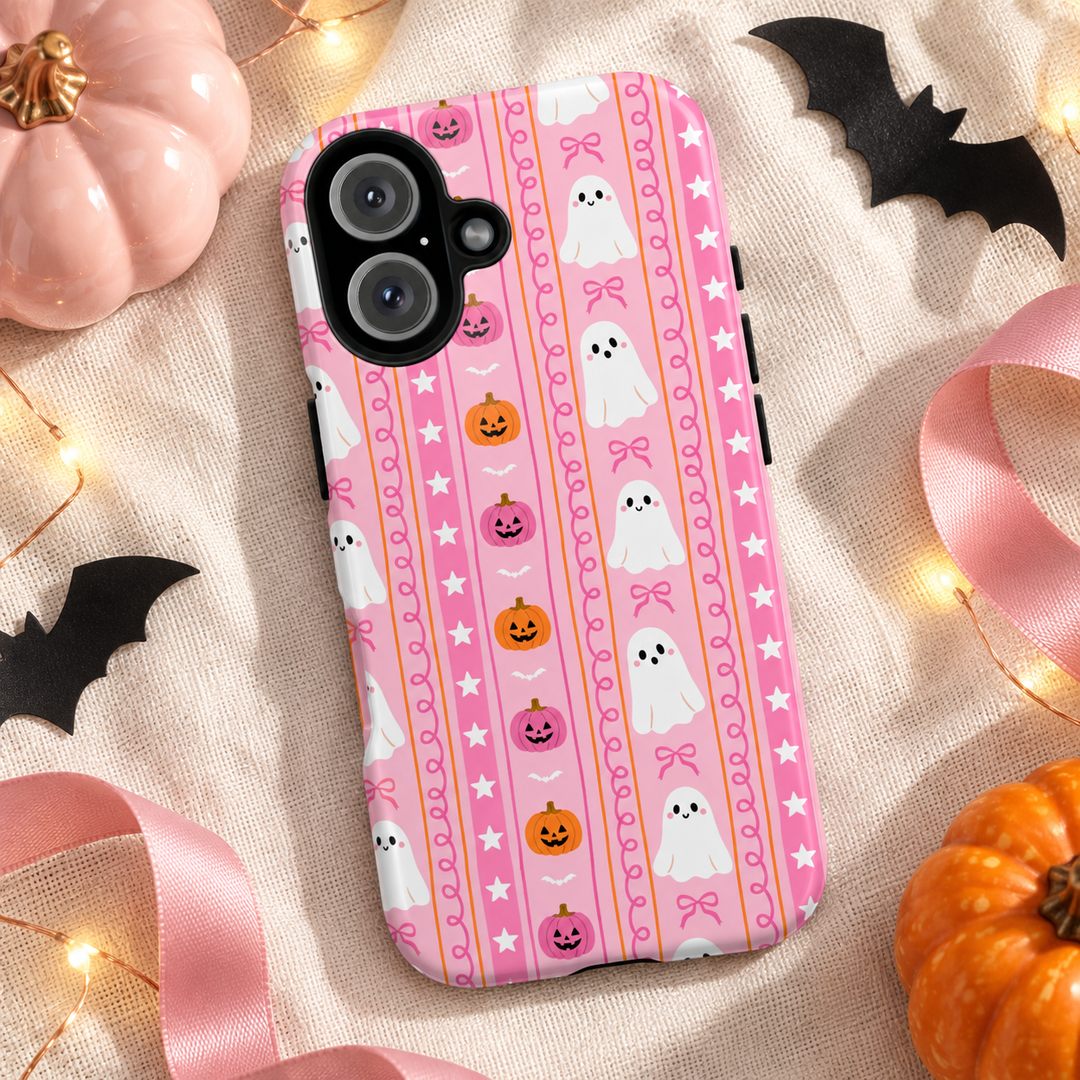 Pink Ghost Stripe Tough iPhone Case, Cute Halloween Pumpkin Bow Phone Cover, Matte or Glossy