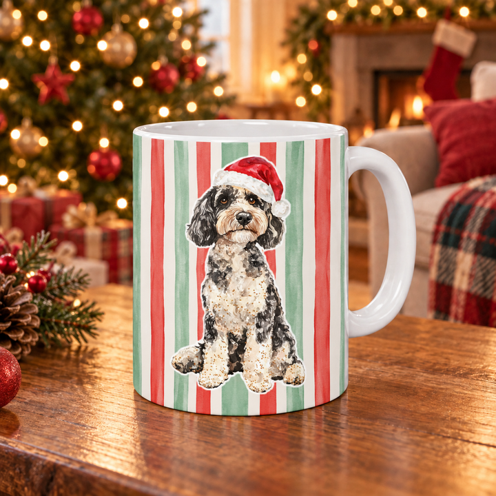 Doodle Christmas Mug, Red Sage Stripes, 11oz White Ceramic