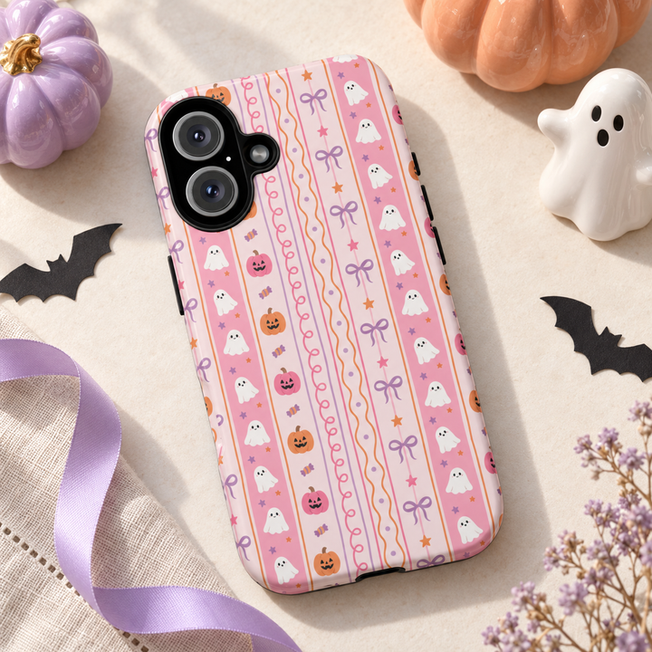 Pastel Halloween Stripe Tough iPhone Case, Pink Ghost Pumpkin Lavender Bow Phone Cover, Matte or Glossy