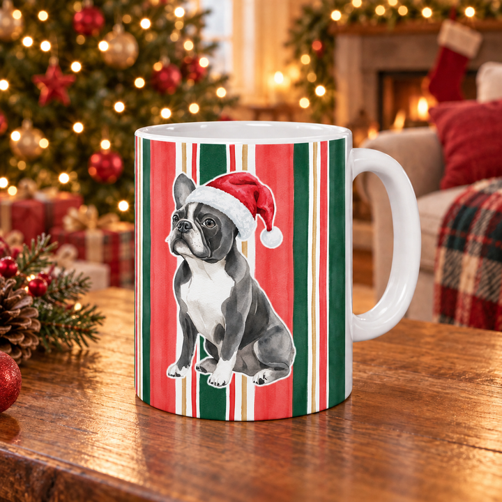French Bulldog Christmas Mug, Classic Christmas Stripes, 11oz White Ceramic