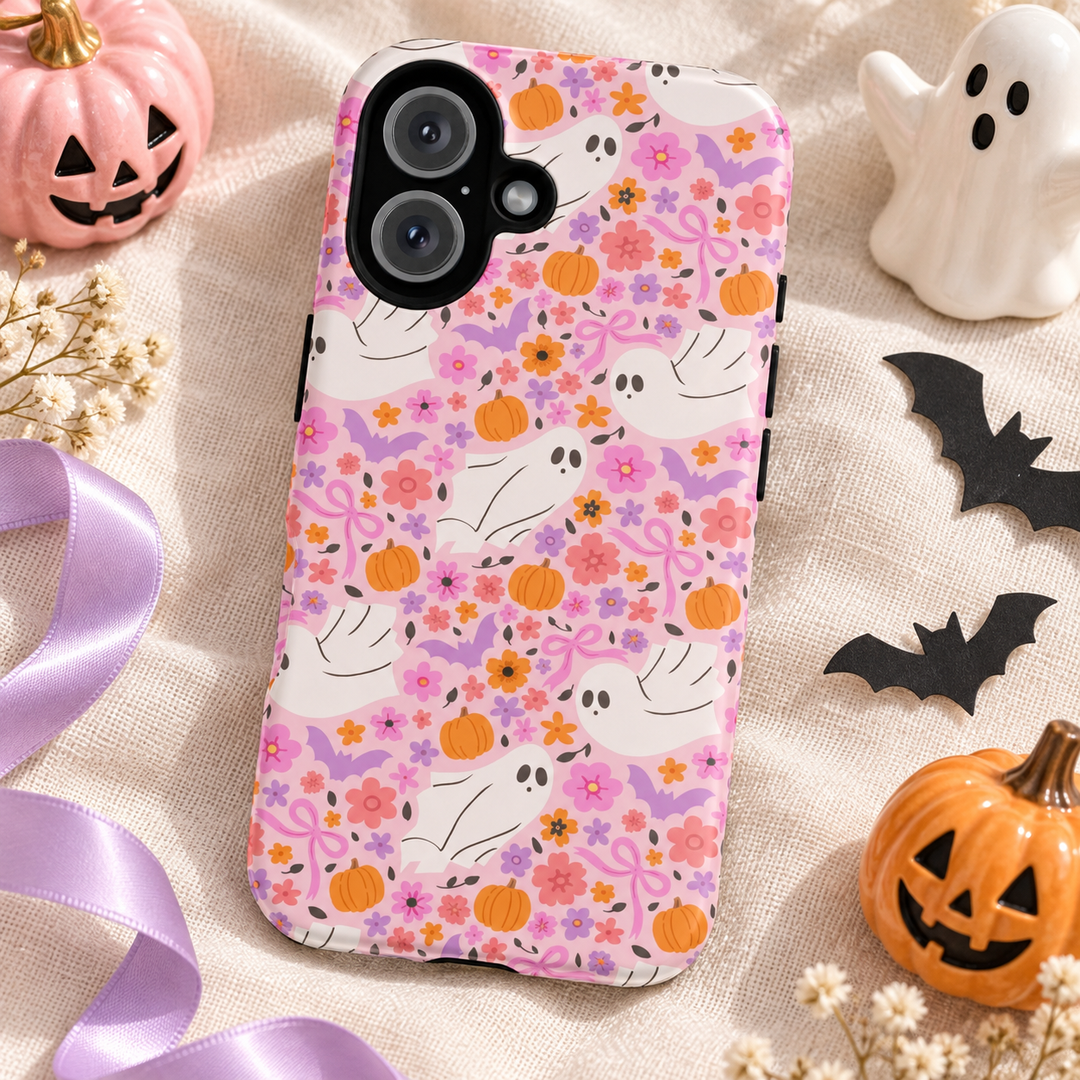 Pink Floral Ghost Tough iPhone Case, Cute Halloween Pumpkin Bat Phone Cover, Matte or Glossy