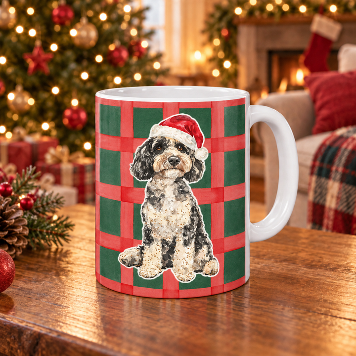 Doodle Christmas Mug, Red Green Plaid, 11oz White Ceramic