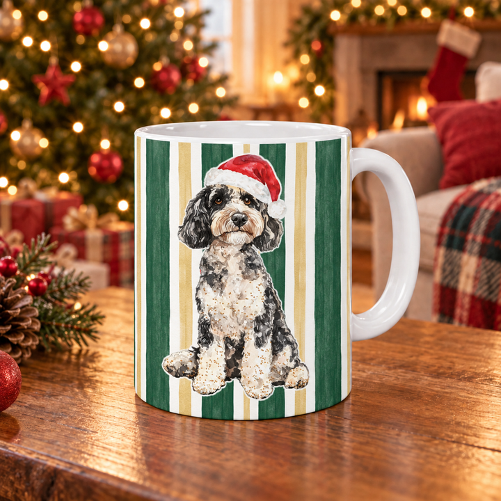Doodle Christmas Mug, Green Gold Stripes, 11oz White Ceramic