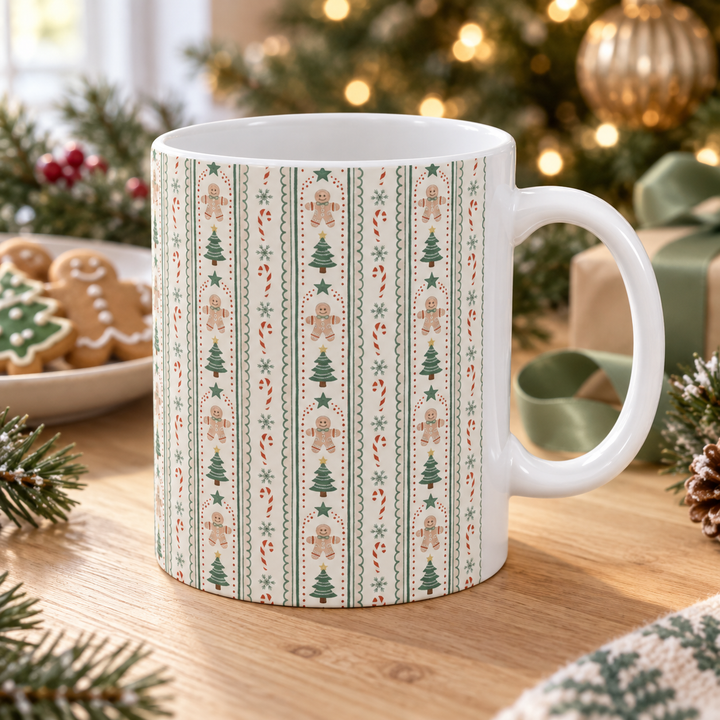 Gingerbread Stripe Ceramic Mug, Sage Green Christmas Tree Coffee Cup, Vintage Holiday Gift, 11oz and 15oz