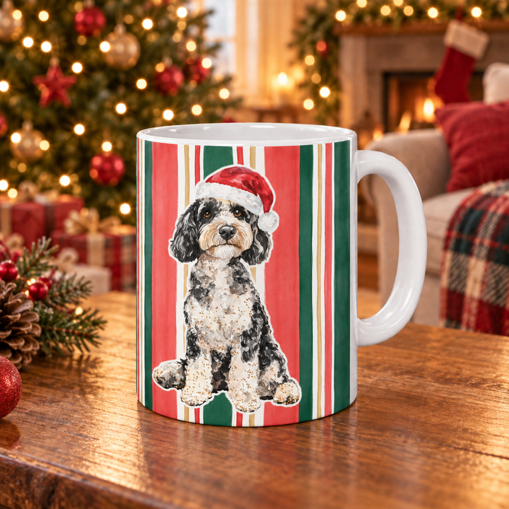 Doodle Christmas Mug, Classic Christmas Stripes, 11oz White Ceramic