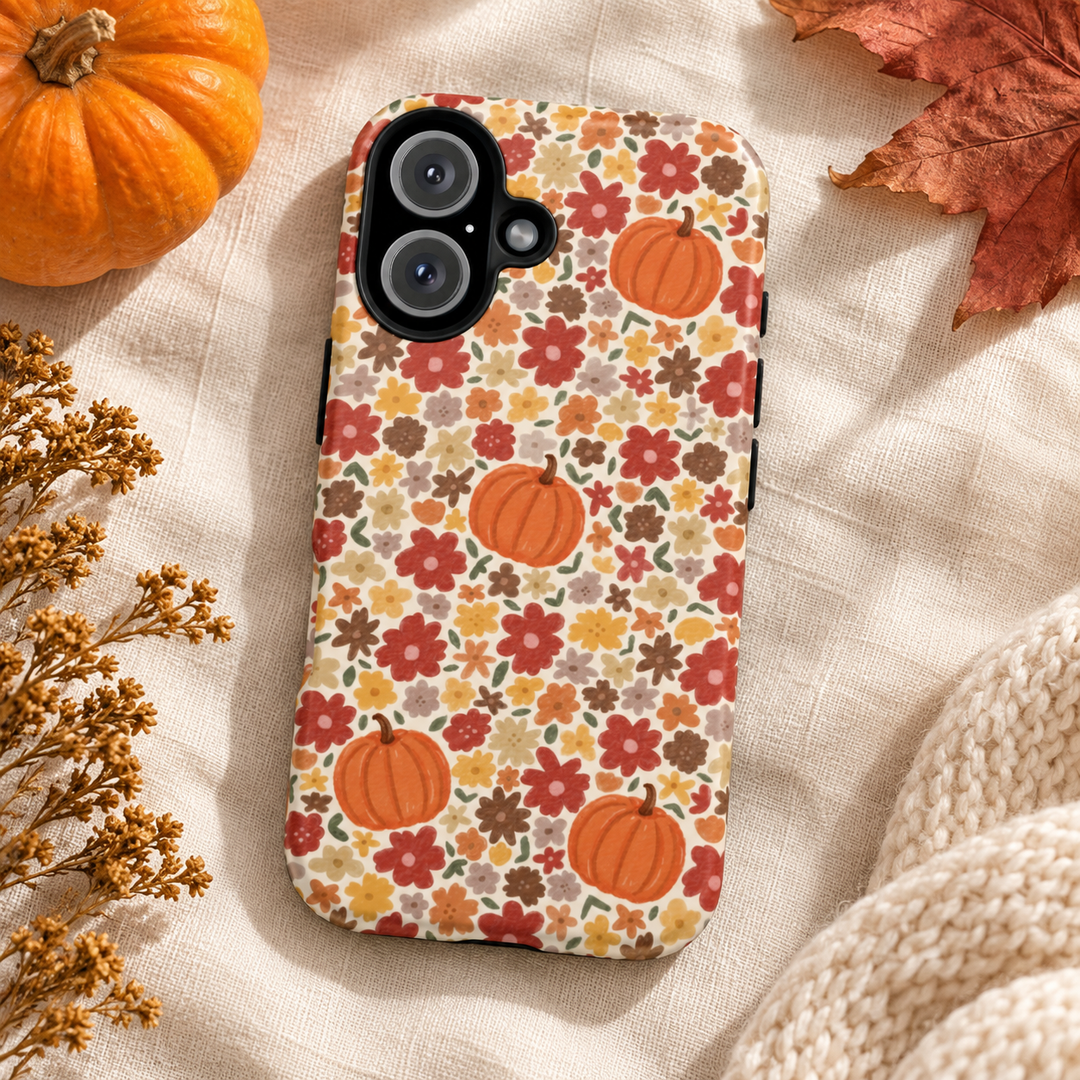 Floral Pumpkin Tough iPhone Case, Warm Autumn Flowers Fall Phone Cover, Matte or Glossy