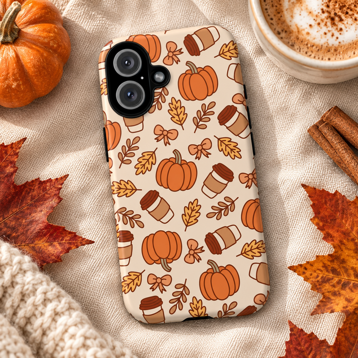 Pumpkin Coffee Tough iPhone Case, Fall Leaves and Bows Autumn Phone Cover, Matte or Glossy