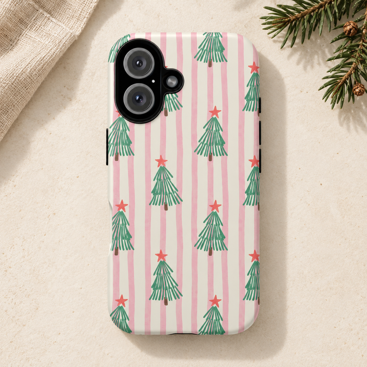 Retro Christmas Tree Tough iPhone Case, Pink Stripe Green Tree Holiday Phone Cover, Matte or Glossy