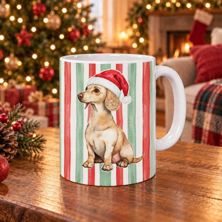 Dachshund Christmas Mug, Red Sage Stripes, 11oz White Ceramic