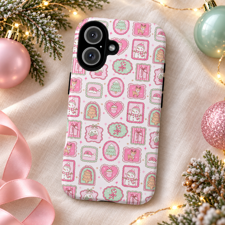 Pink Christmas Frames Tough iPhone Case, Pastel Snowman Reindeer Holiday Phone Cover, Matte or Glossy