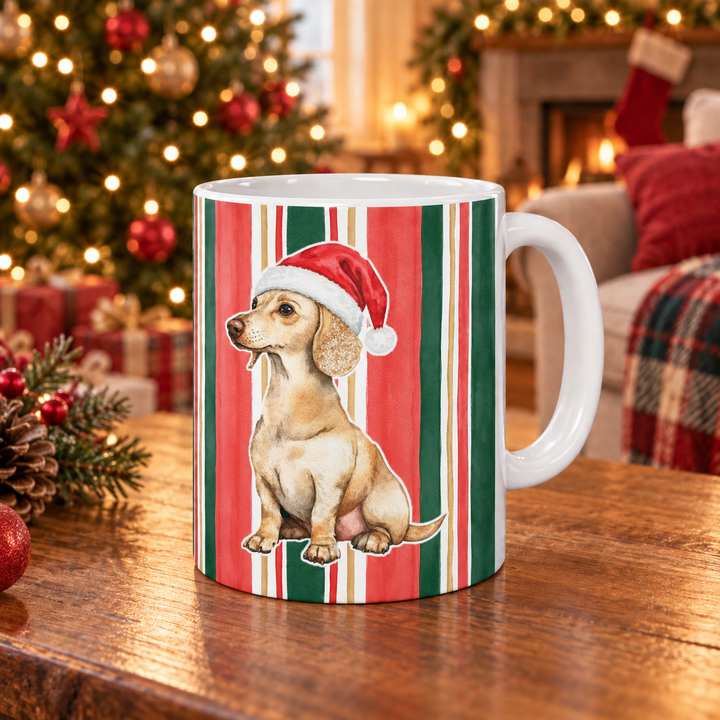 Dachshund Christmas Mug, Classic Christmas Stripes, 11oz White Ceramic