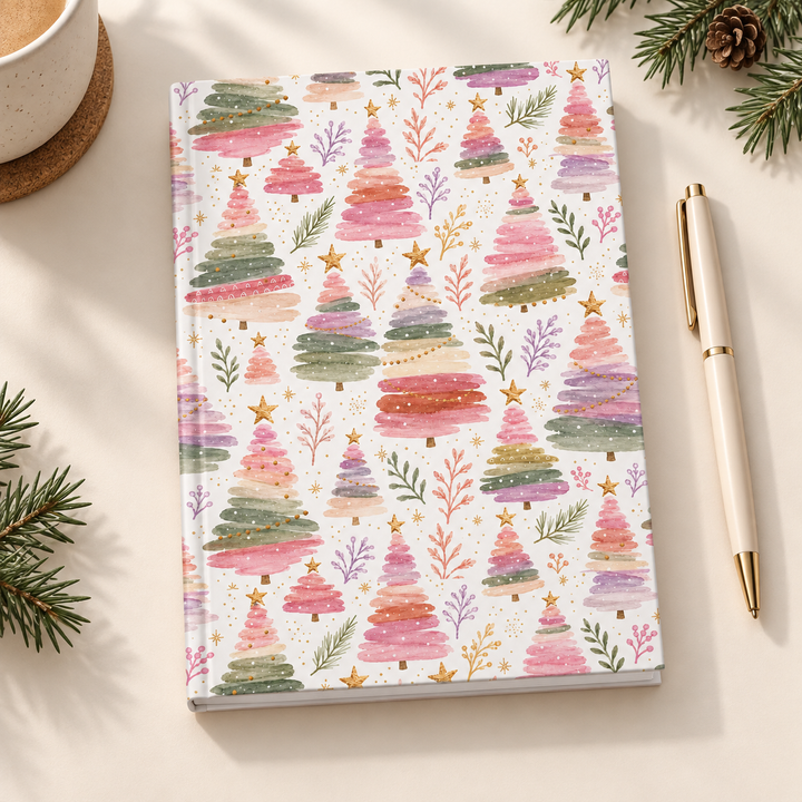 Pastel Watercolor Christmas Tree Hardcover Notebook, Pink Sage Lined Journal, Cute Holiday Stationery Gift