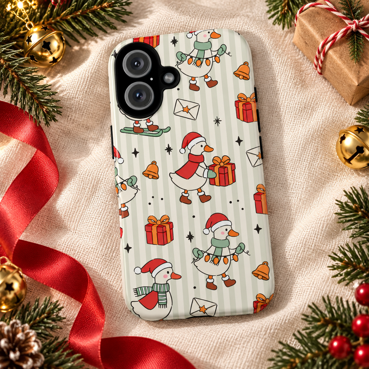 Christmas Goose Tough iPhone Case, Cute Holiday Geese Green Stripe Phone Cover, Matte or Glossy