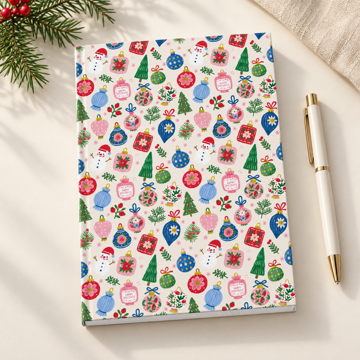 Colorful Christmas Ornament Hardcover Notebook, Pink Blue Holiday Lined Journal, Festive Bauble Stationery Gift