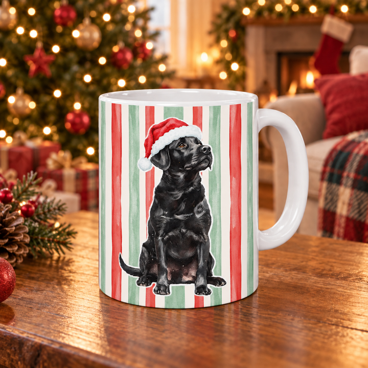 Black Labrador Christmas Mug, Red Sage Stripes, 11oz White Ceramic