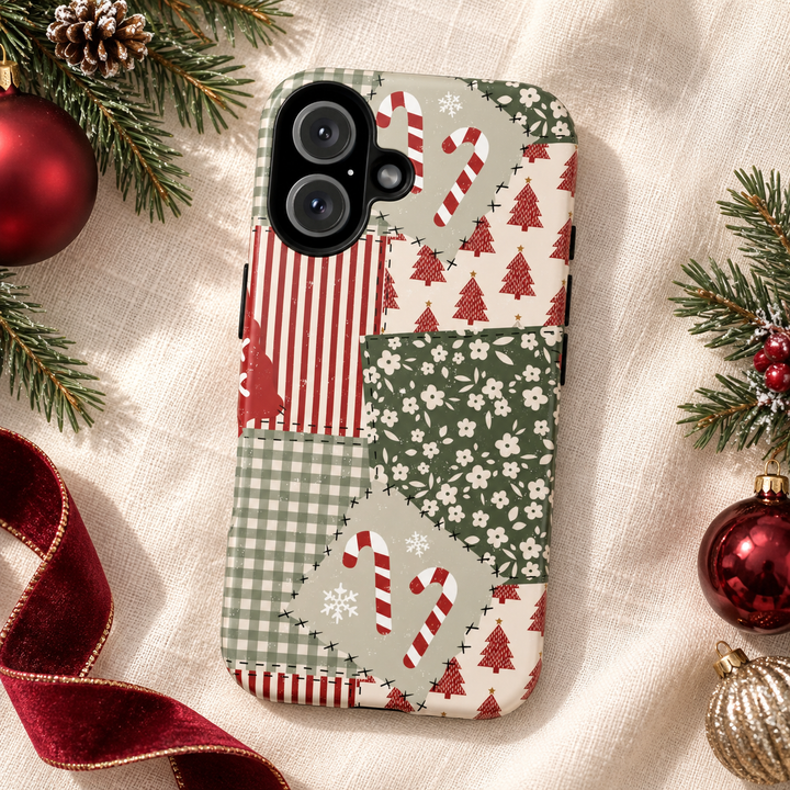 Christmas Patchwork Tough iPhone Case, Red Sage Floral Gingham Holiday Phone Cover, Matte or Glossy