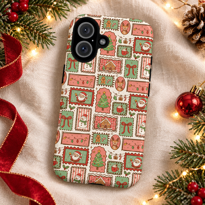 Vintage Christmas Frames Tough iPhone Case, Santa Snowman Gingerbread Holiday Phone Cover, Matte or Glossy
