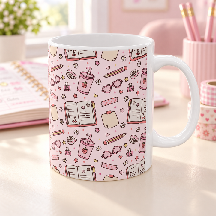 Pink Stationery Ceramic Mug, Planner and Pencil Coffee Cup, Back to School Teacher Gift, 11oz and 15oz