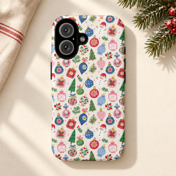 Colorful Christmas Ornament Tough iPhone Case, Pink Blue Holiday Bauble Phone Cover, Matte or Glossy