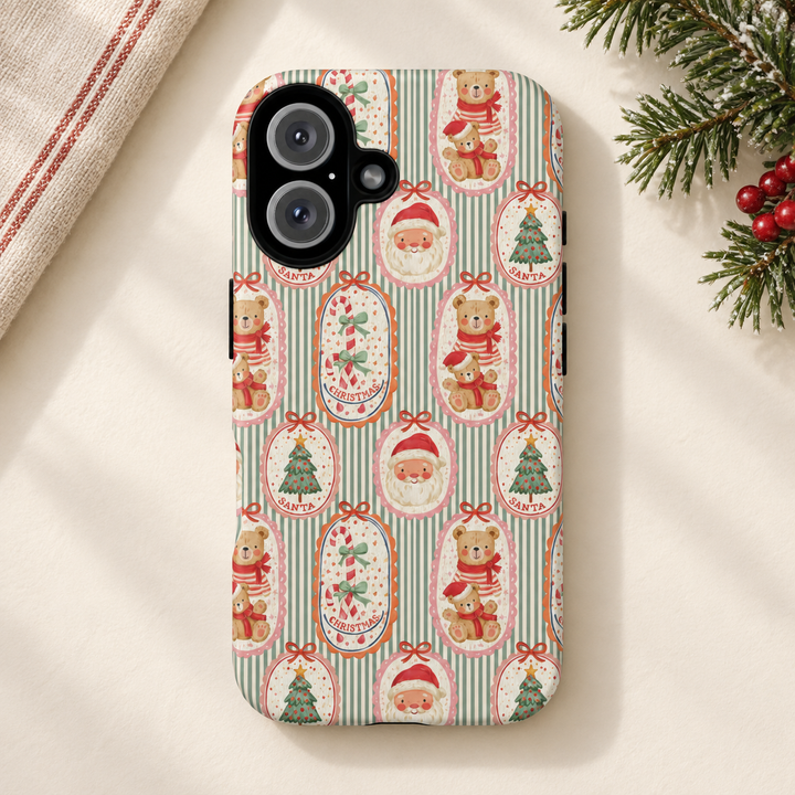 Vintage Santa Teddy Bear Tough iPhone Case, Christmas Candy Cane Green Stripe Phone Cover, Matte or Glossy