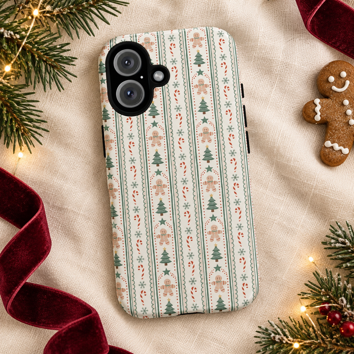Gingerbread Stripe Tough iPhone Case, Sage Green Christmas Tree Holiday Phone Cover, Matte or Glossy