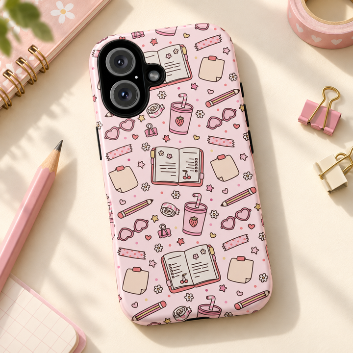 Pink Stationery Tough iPhone Case, Back to School Notebook and Pencil Phone Cover, Matte or Glossy