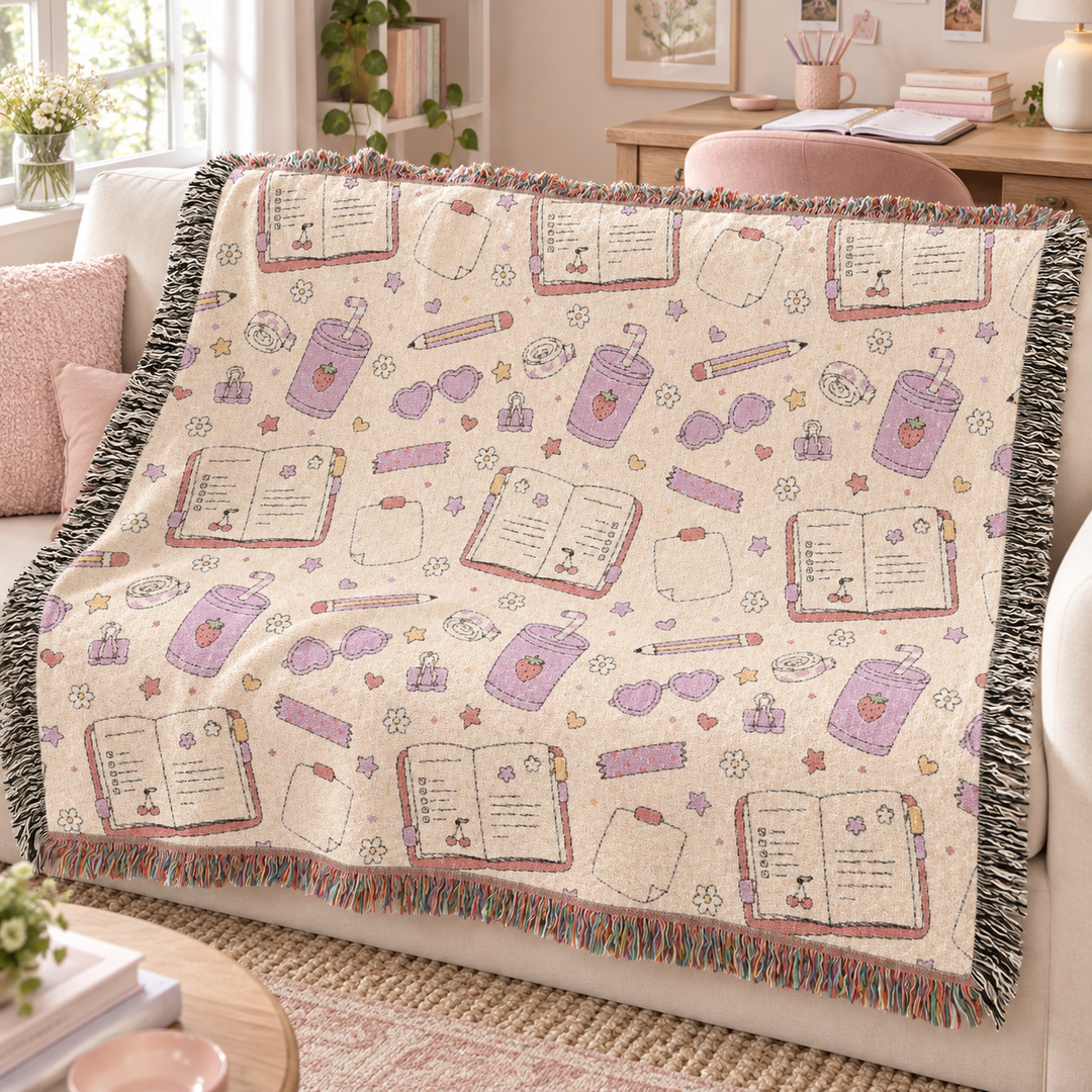 Pink Stationery Woven Blanket, Planner and Pencil Cotton Throw, Back to School Gift, Cozy Study Room Decor