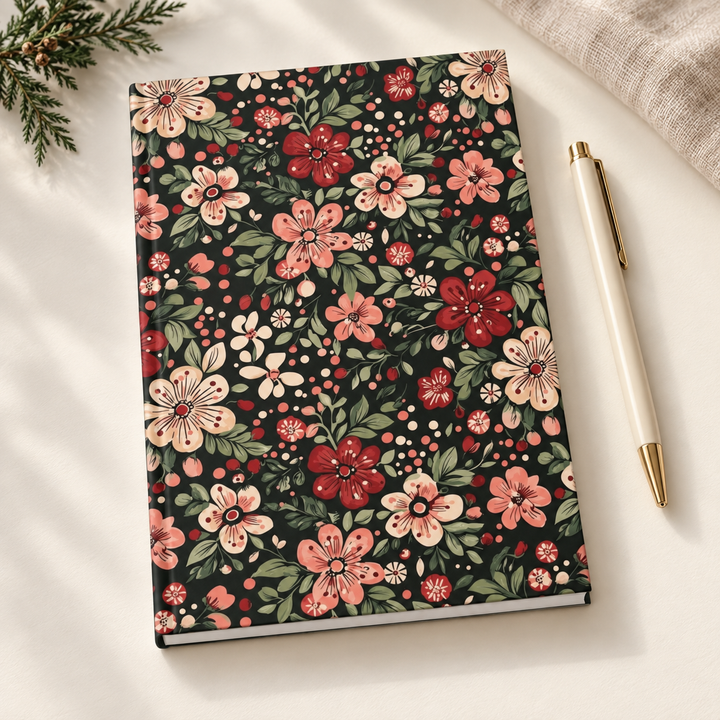 Retro Christmas Floral Hardcover Notebook, Dark Botanical Lined Journal, Pink Red Flower Stationery Gift